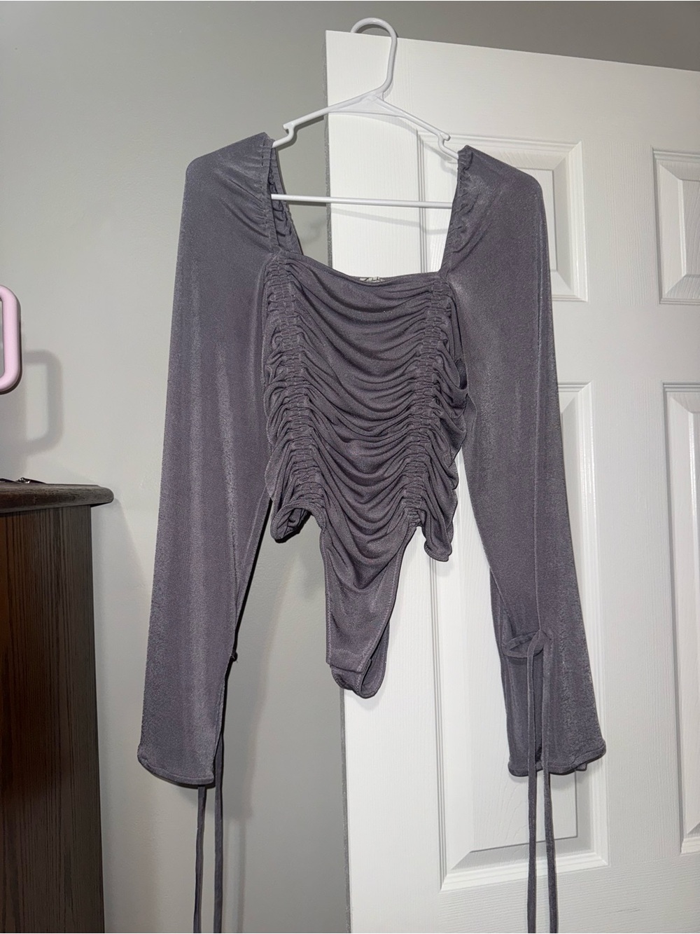 Free People Gray/Purple Ruched Long Sleeve Bodysuit
